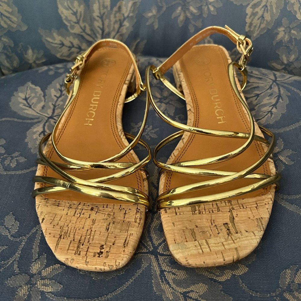 Tory Burch Penelope Metallic Flat Sandal Gold & natural women’s size 6 rare